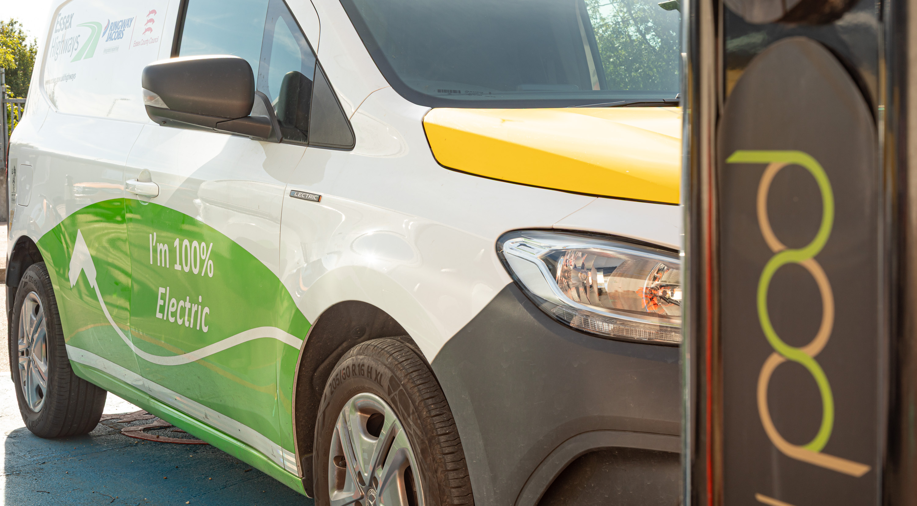 Ringway Jacobs electric van plugged into a depot charging pod as part of its net zero fleet operations.